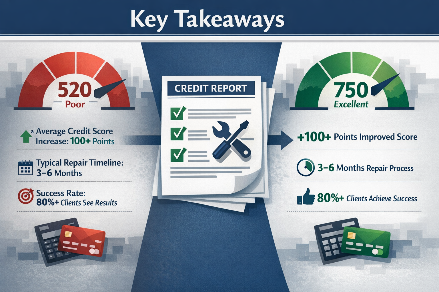 Key Takeaways section infographic visualizing credit repair process, split-screen design with left side showing damaged credit score (red, l