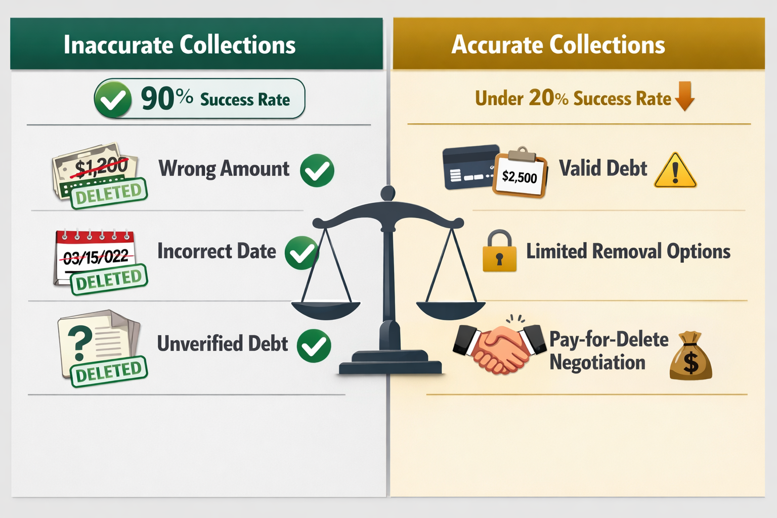 Landscape format (1536x1024) comparison chart showing two scenarios side-by-side: Left panel titled 'Inaccurate Collections' with green chec