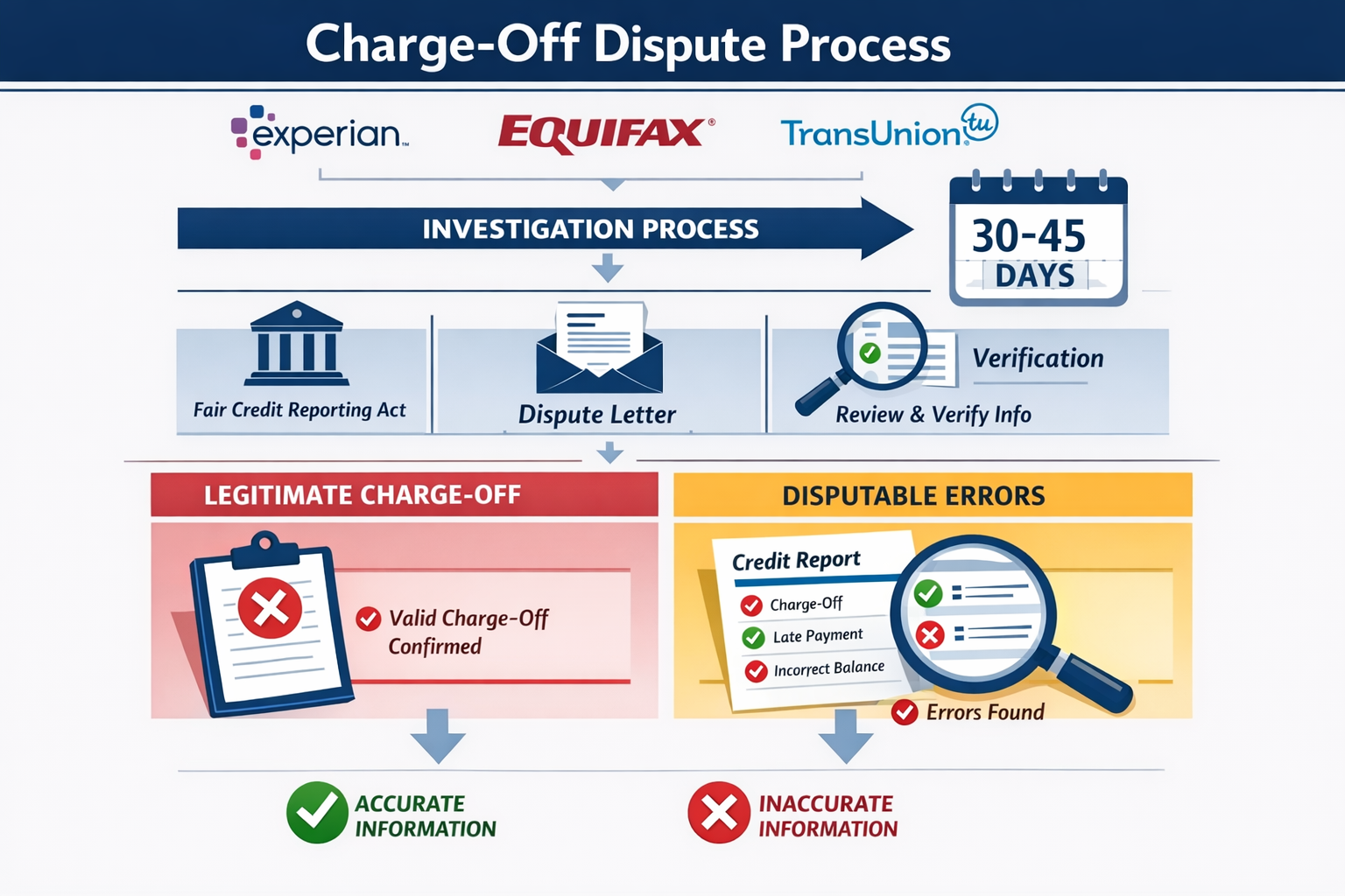 Landscape format (1536x1024) detailed illustration showing the charge-off dispute process as a flowchart diagram. Visual elements include cr