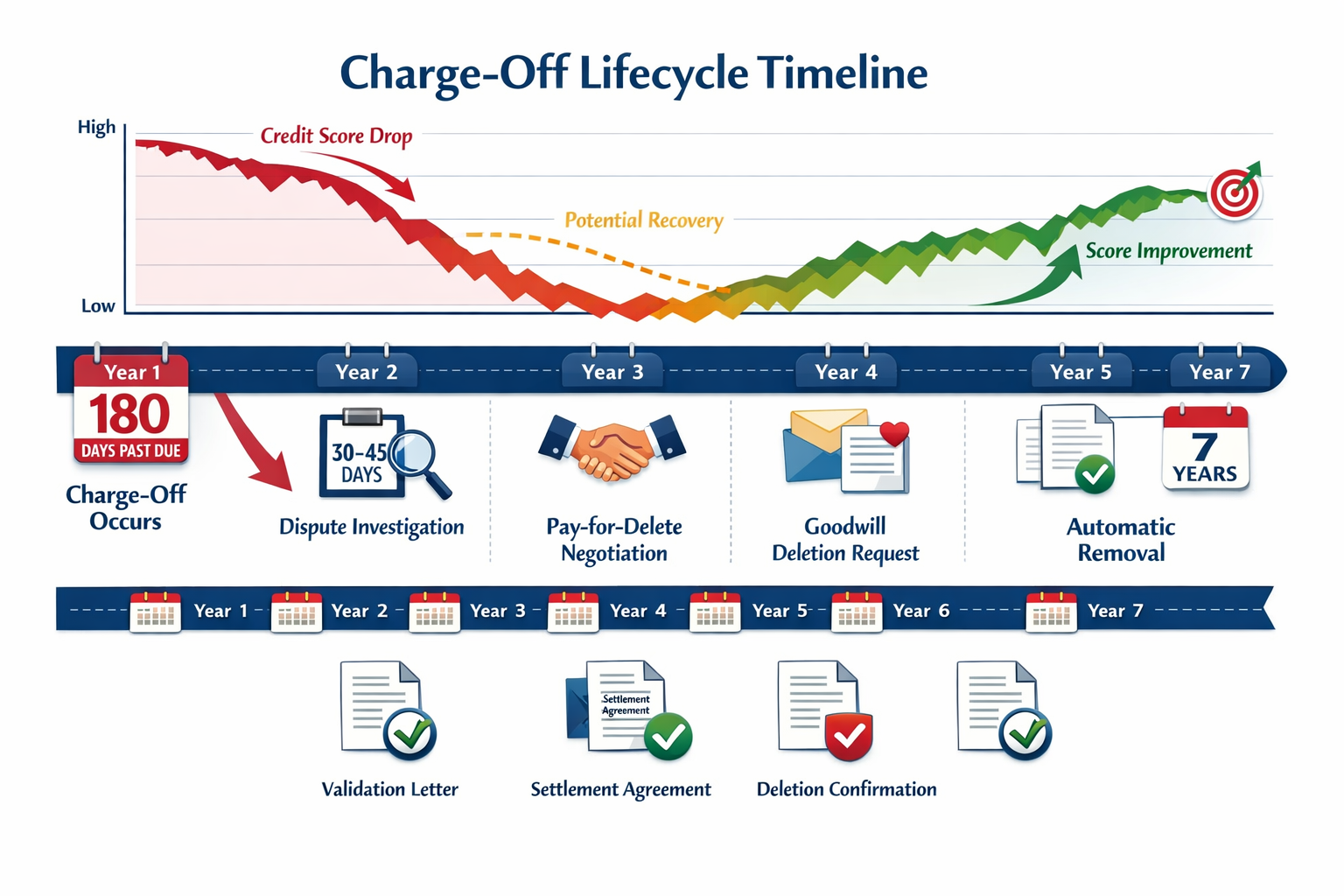 Landscape format (1536x1024) detailed timeline infographic showing charge-off lifecycle from delinquency to removal. Visual elements include