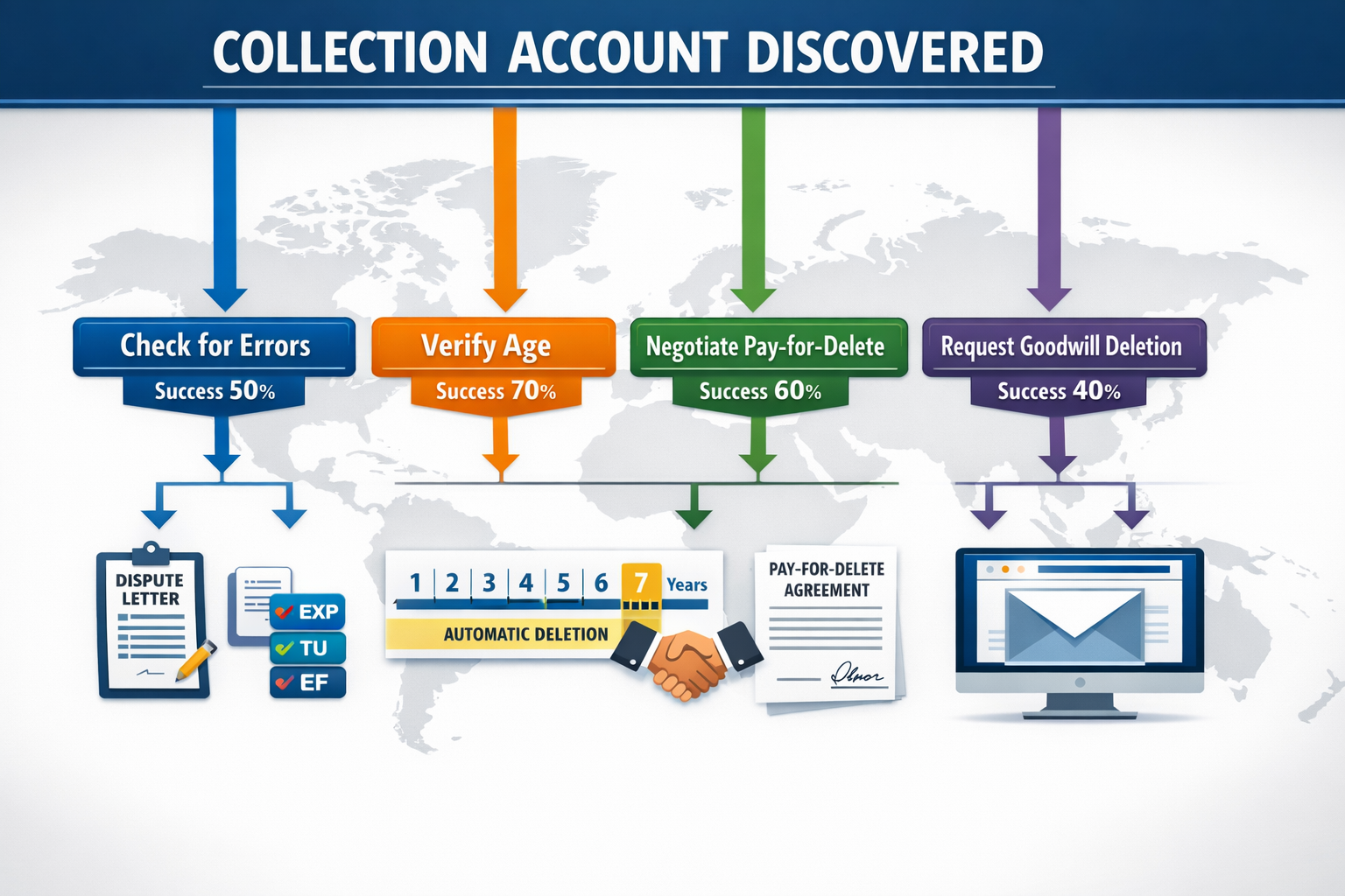 Landscape format (1536x1024) step-by-step visual guide showing credit repair strategy flowchart with decision tree format. Top shows 'Collec