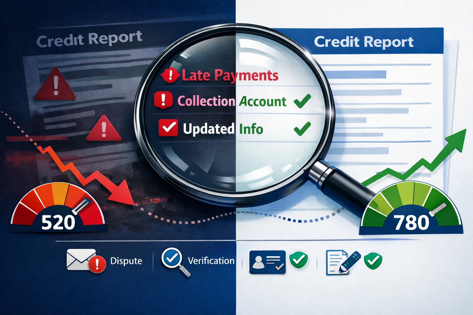 Quick Answer section dynamic visual metaphor depicting credit repair journey, featuring oversized magnifying glass revealing hidden credit r