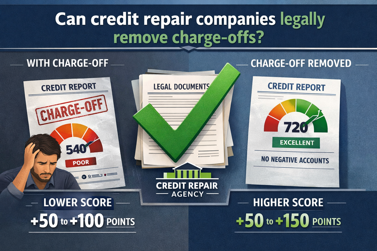 Quick Answer section visual: Split-screen infographic comparing credit repair outcomes with charge-offs. Left side shows a frustrated consum